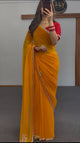 Mustard Yellow Georgette Saree with Red Blouse & Pearl Border