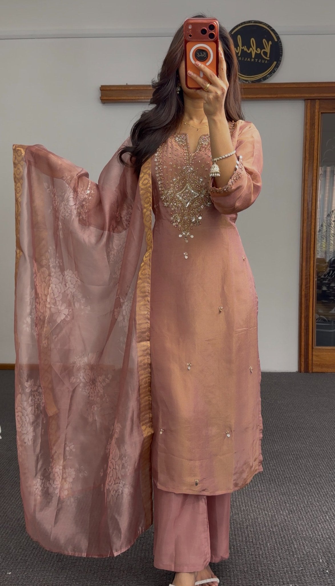 Dusty rose kurti set with mirror and kundan embroidery, paired with floral printed organza dupatta and palazzo pants