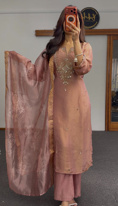 Dusty rose kurti set with mirror and kundan embroidery, paired with floral printed organza dupatta and palazzo pants