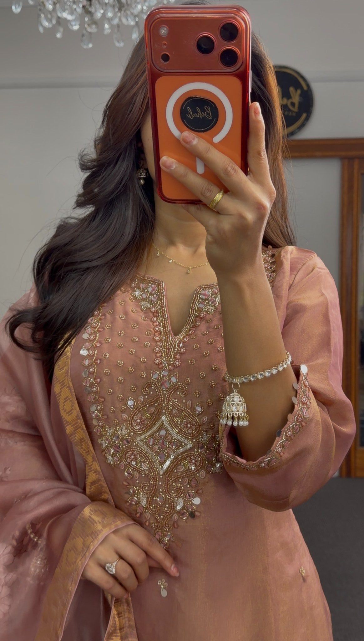 Dusty rose kurti set with mirror and kundan embroidery, paired with floral printed organza dupatta and palazzo pants — view 2