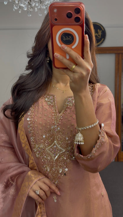 Dusty rose kurti set with mirror and kundan embroidery, paired with floral printed organza dupatta and palazzo pants — view 2