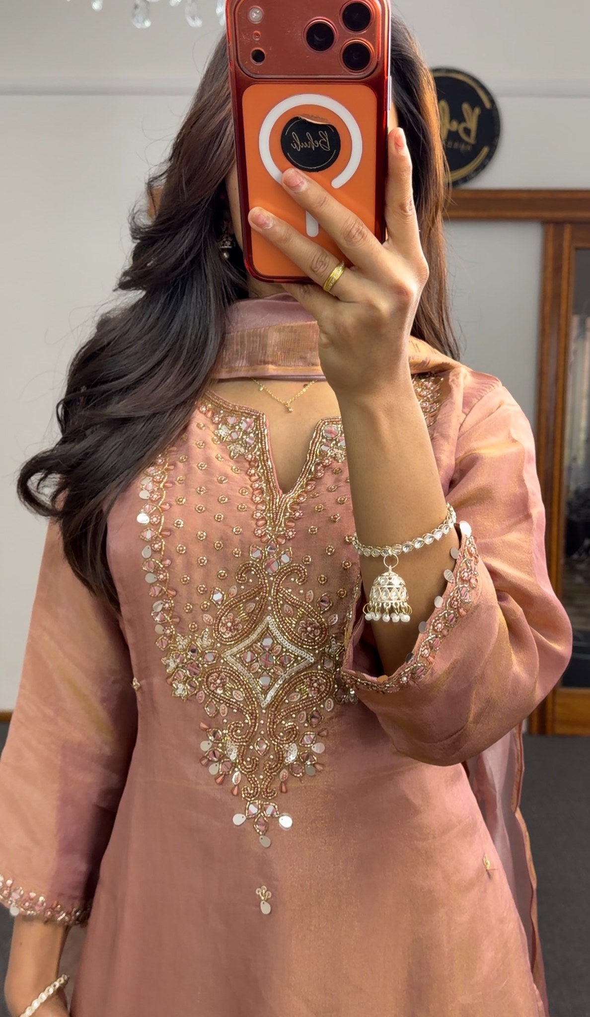 Dusty rose kurti set with mirror and kundan embroidery, paired with floral printed organza dupatta and palazzo pants — view 4