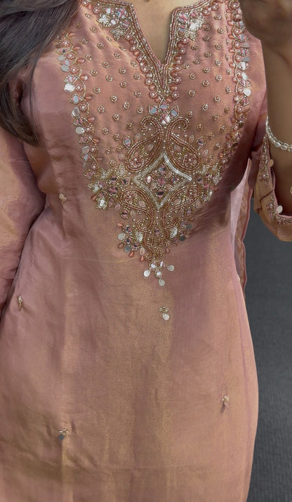 Dusty rose kurti set with mirror and kundan embroidery, paired with floral printed organza dupatta and palazzo pants — view 5