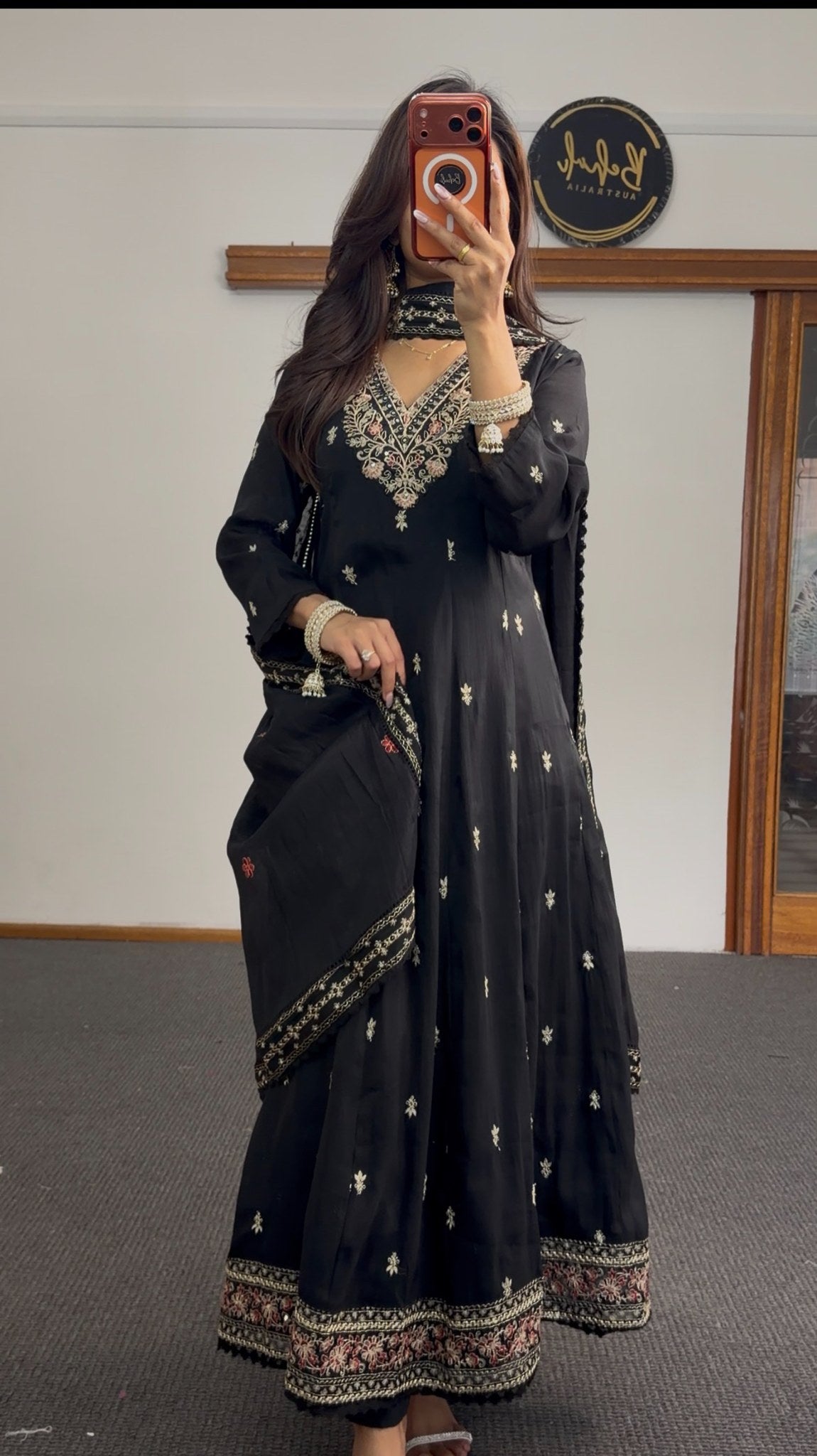 Black Anarkali suit set with floral embroidered neckline, gold buti motifs, embroidered hem border and matching dupatta — — view 2