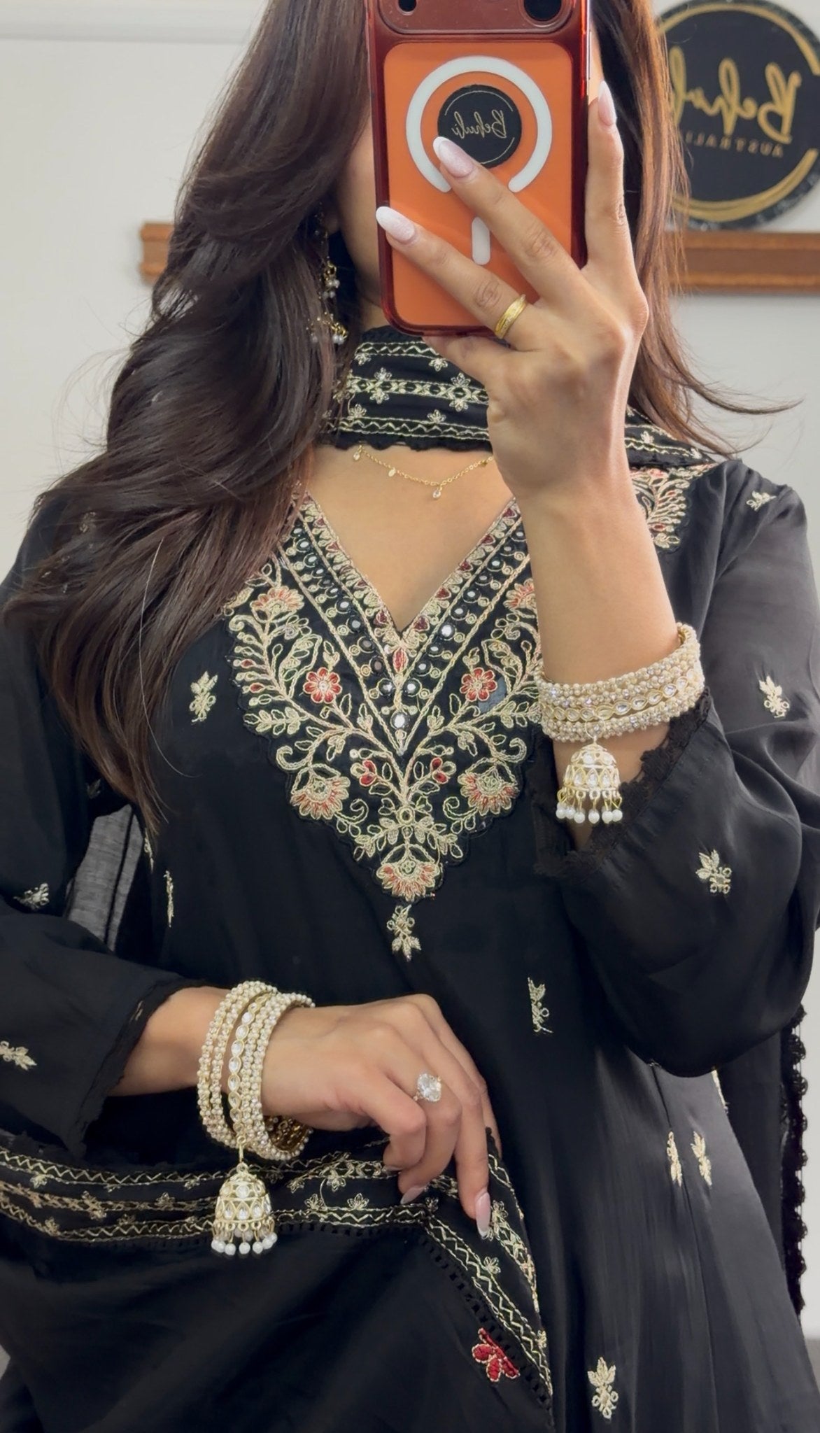 Black Anarkali suit set with floral embroidered neckline, gold buti motifs, embroidered hem border and matching dupatta — — view 3