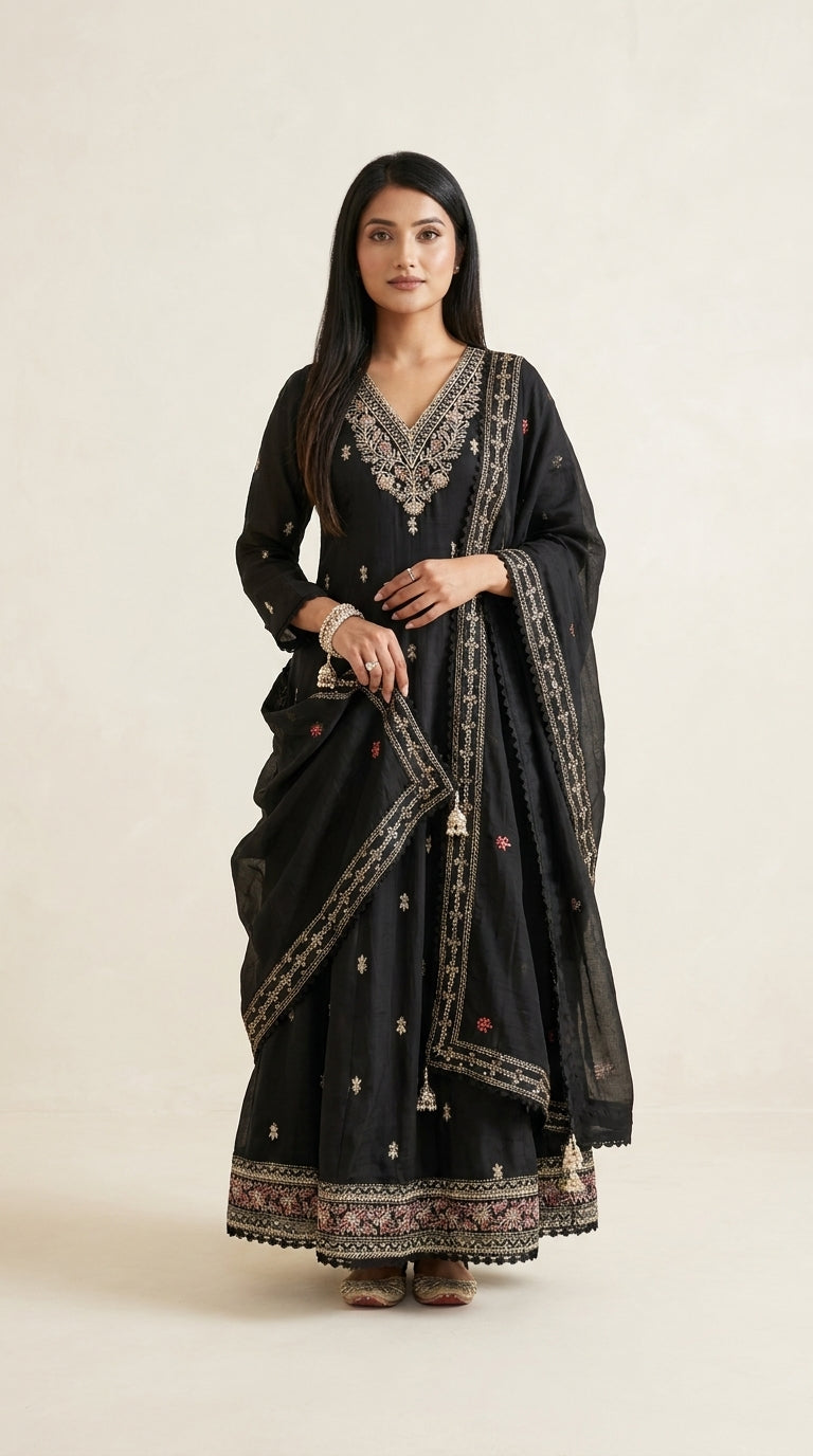Black Anarkali suit set with floral embroidered neckline, gold buti motifs, embroidered hem border and matching dupatta — — view 7
