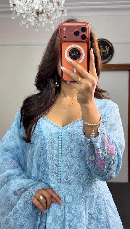 Sky blue floral Anarkali gown set with pink embroidered hem and sleeves, sheer matching dupatta — Behuli Australia — view 2