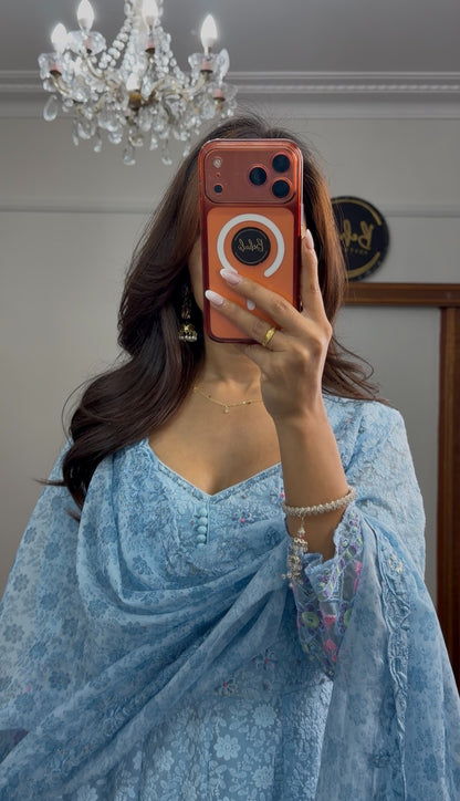 Sky blue floral Anarkali gown set with pink embroidered hem and sleeves, sheer matching dupatta — Behuli Australia — view 3