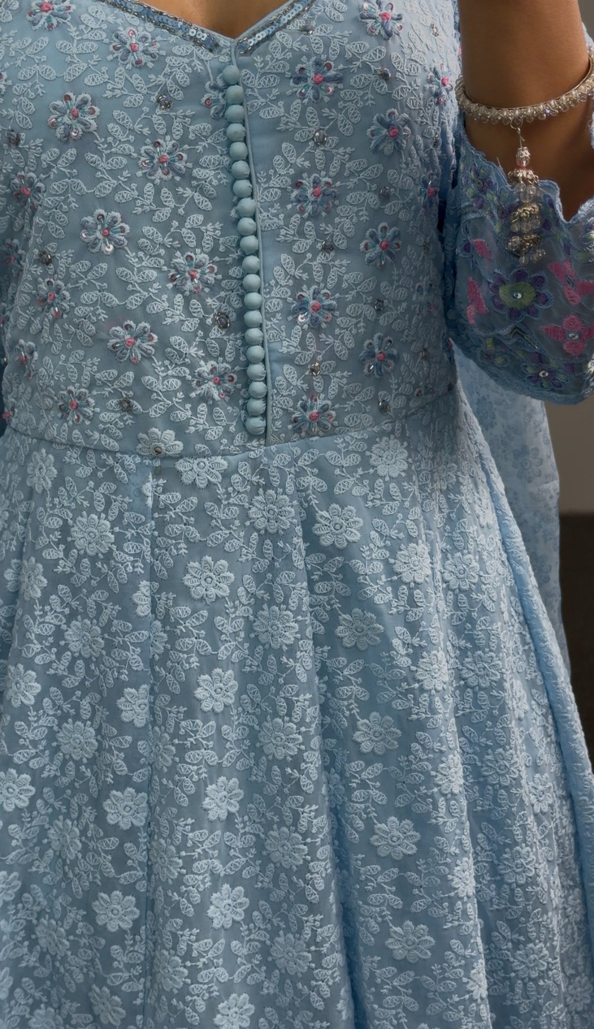 Sky blue floral Anarkali gown set with pink embroidered hem and sleeves, sheer matching dupatta — Behuli Australia — view 4