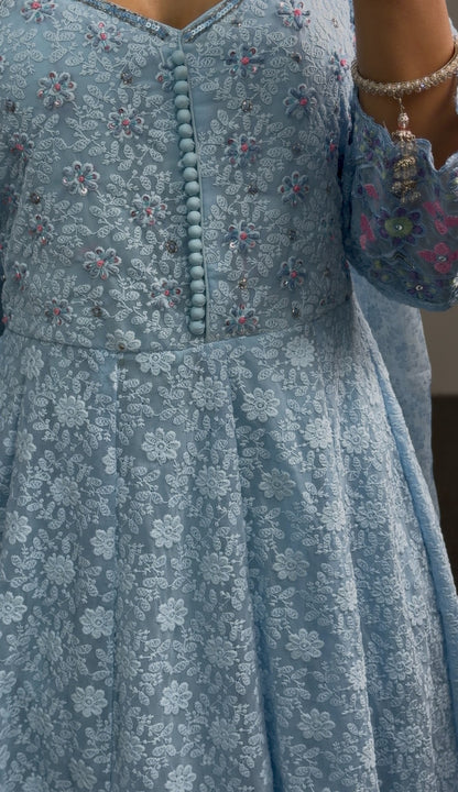 Sky blue floral Anarkali gown set with pink embroidered hem and sleeves, sheer matching dupatta — Behuli Australia — view 4