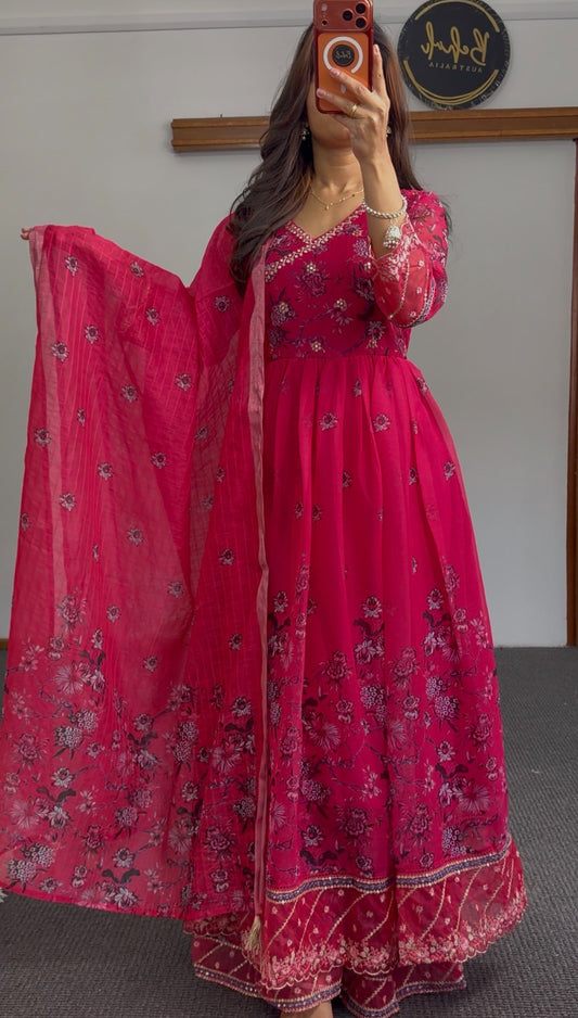 Fuchsia floral print Anarkali gown with sequin border hemline and matching printed dupatta — Behuli Australia
