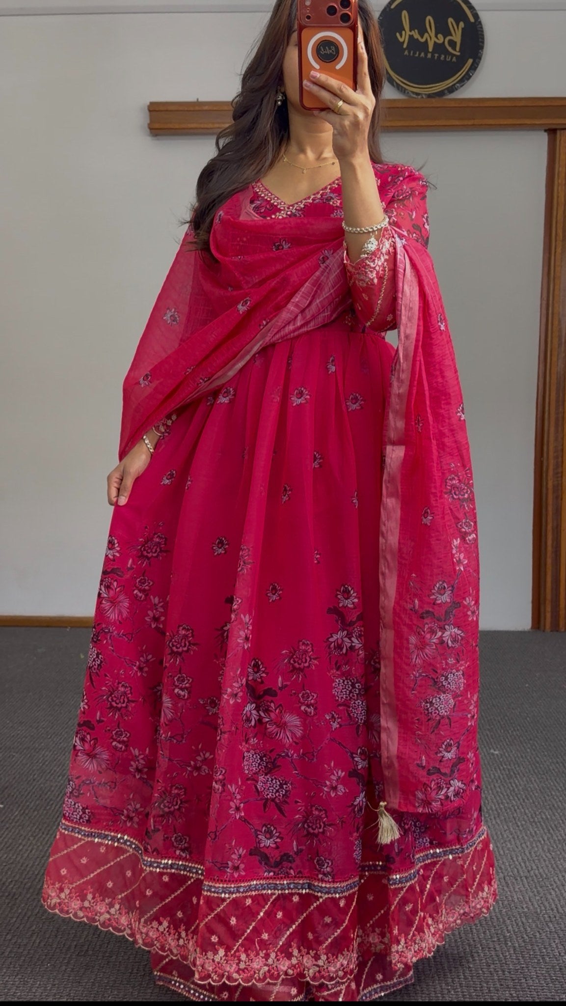 Fuchsia floral print Anarkali gown with sequin border hemline and matching printed dupatta — Behuli Australia — view 2