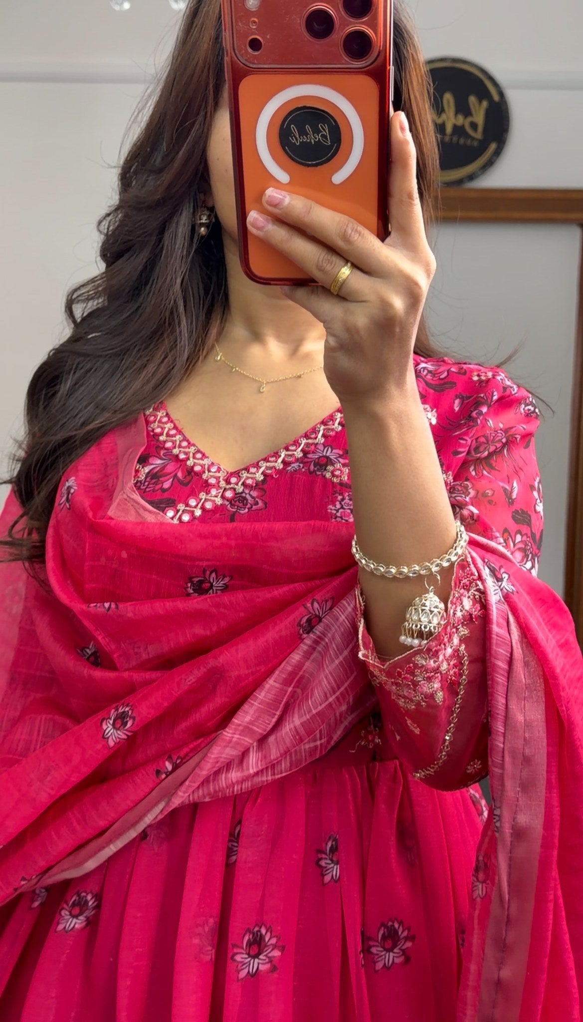 Fuchsia floral print Anarkali gown with sequin border hemline and matching printed dupatta — Behuli Australia — view 3