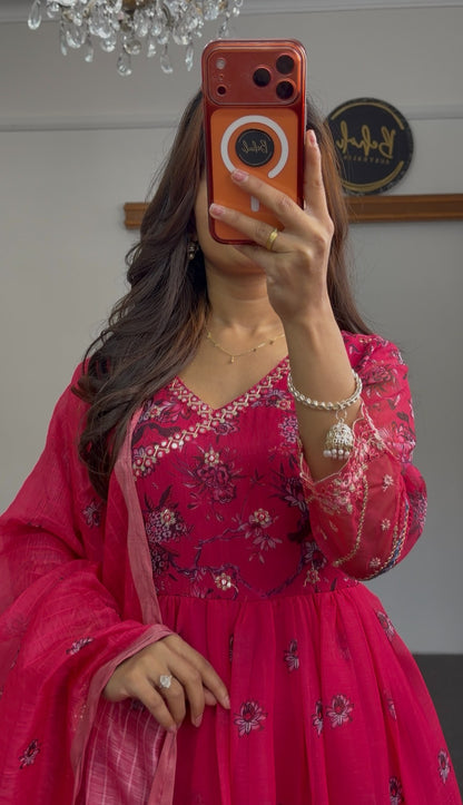 Fuchsia floral print Anarkali gown with sequin border hemline and matching printed dupatta — Behuli Australia — view 4