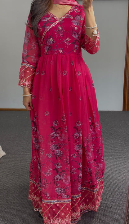Fuchsia floral print Anarkali gown with sequin border hemline and matching printed dupatta — Behuli Australia — view 5