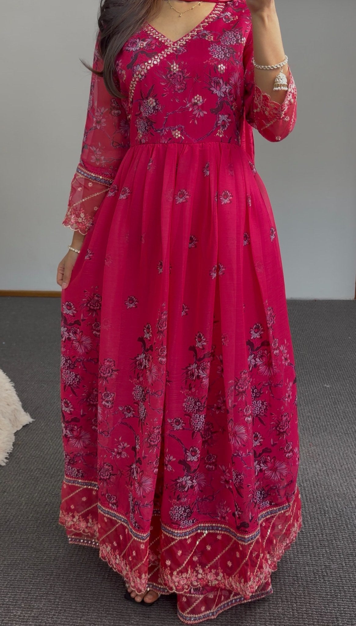 Fuchsia floral print Anarkali gown with sequin border hemline and matching printed dupatta — Behuli Australia — view 6