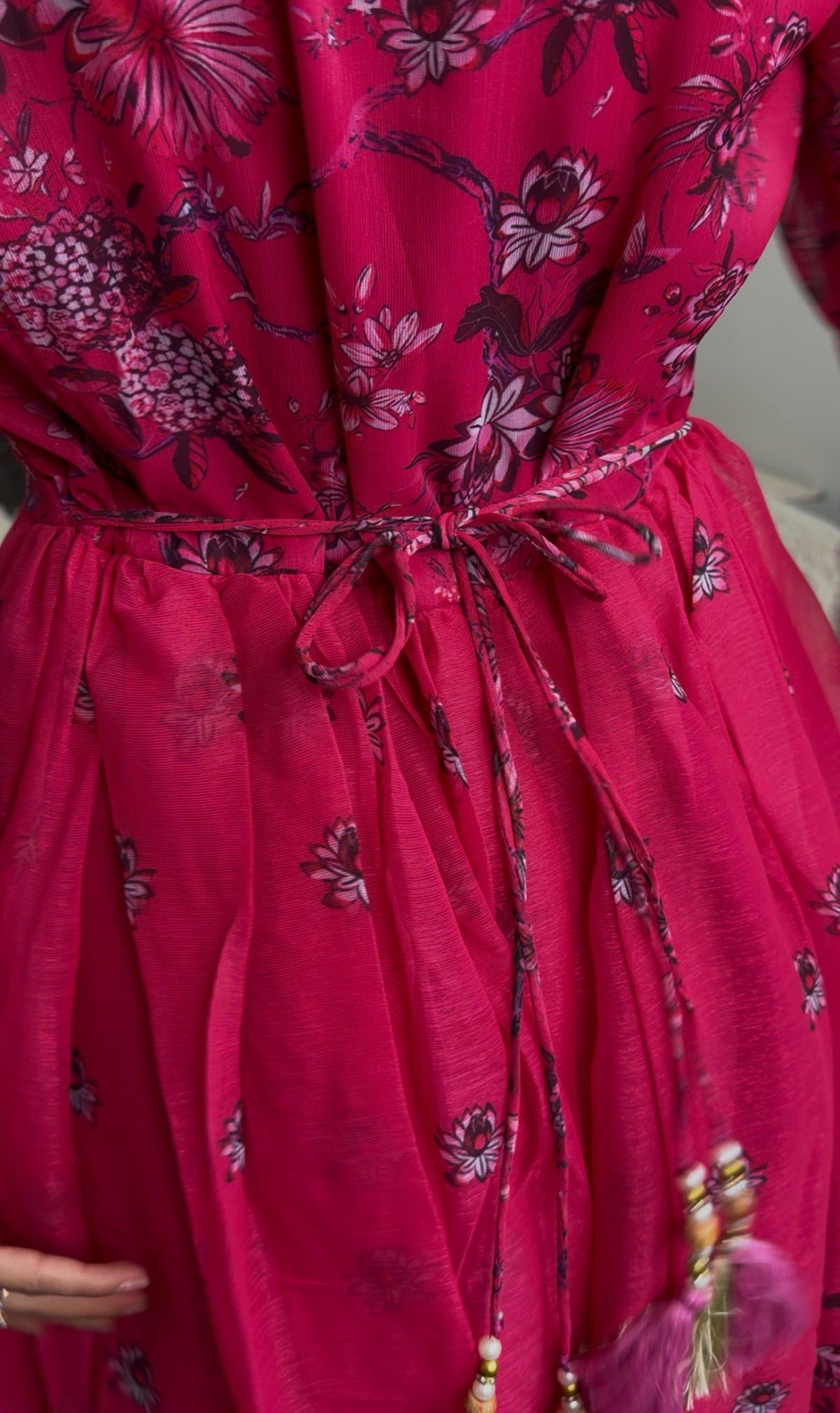 Fuchsia floral print Anarkali gown with sequin border hemline and matching printed dupatta — Behuli Australia — view 7