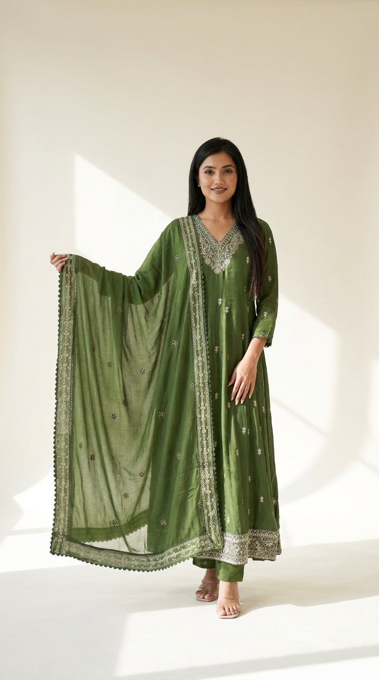 Olive green Anarkali suit set with silver thread embroidery at neckline and hem, scattered floral bootis and matching