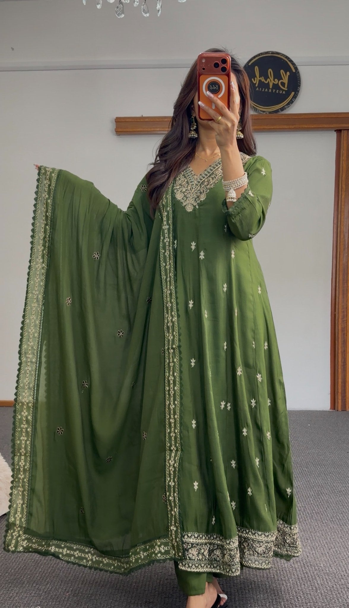 Olive green Anarkali suit set with silver thread embroidery at neckline and hem, scattered floral bootis and matching — view 2
