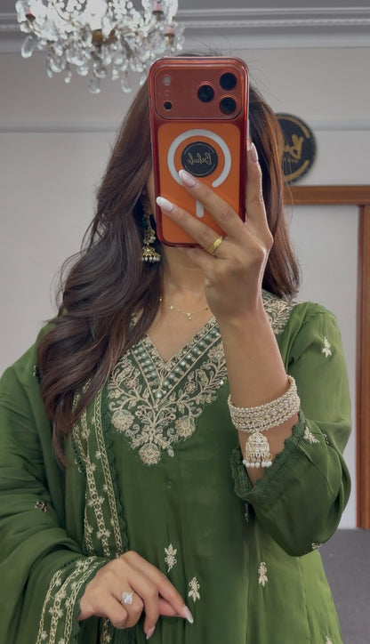Olive green Anarkali suit set with silver thread embroidery at neckline and hem, scattered floral bootis and matching — view 3