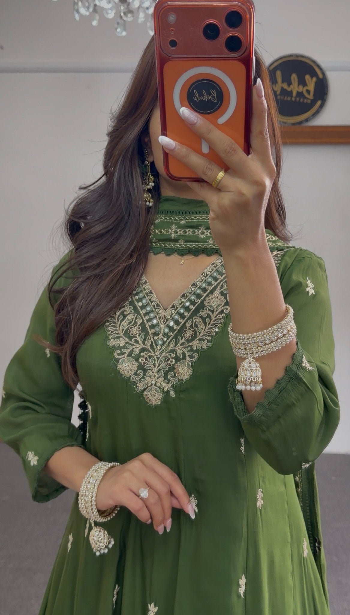 Olive green Anarkali suit set with silver thread embroidery at neckline and hem, scattered floral bootis and matching — view 4
