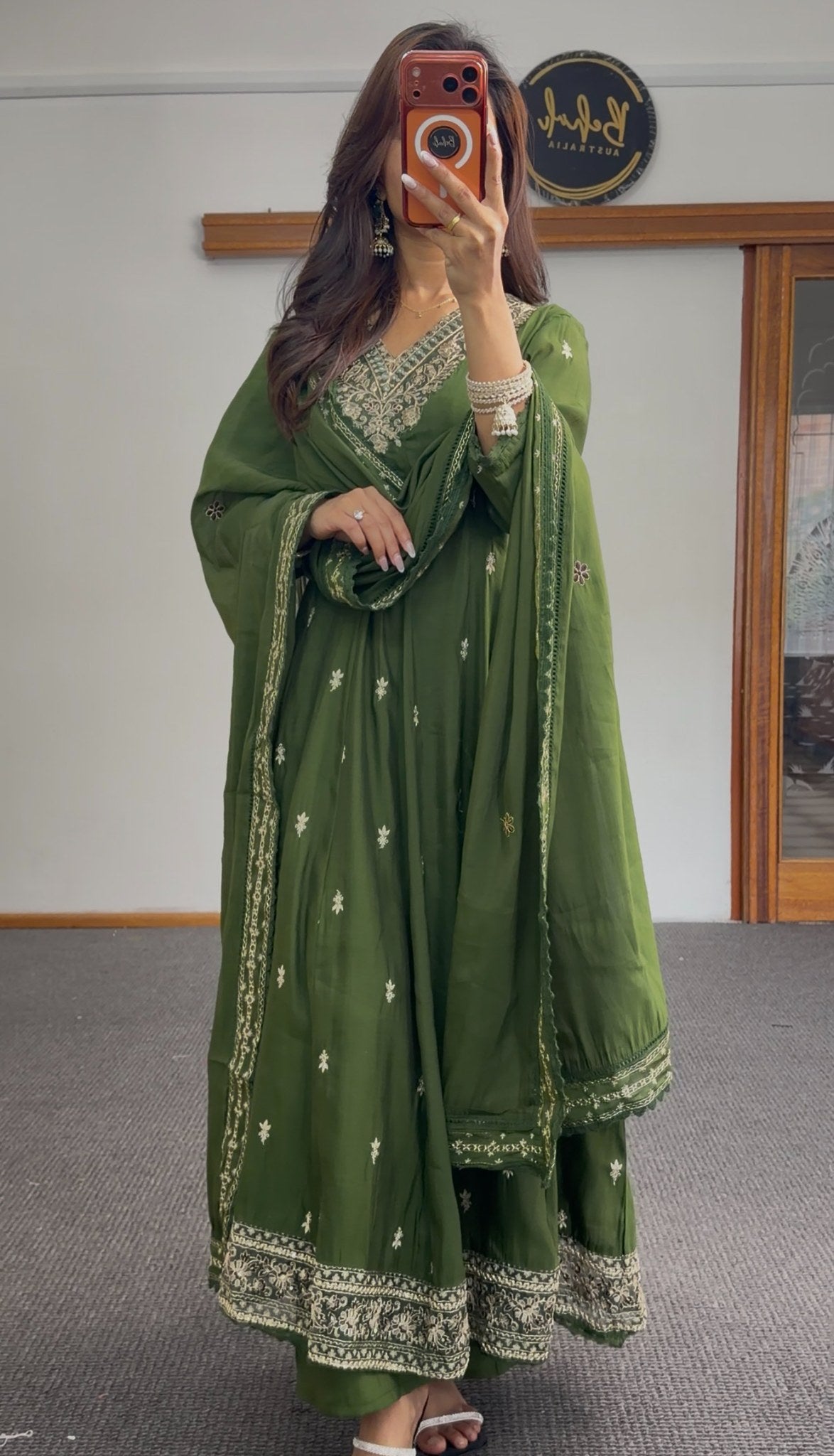 Olive green Anarkali suit set with silver thread embroidery at neckline and hem, scattered floral bootis and matching — view 5