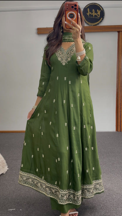 Olive green Anarkali suit set with silver thread embroidery at neckline and hem, scattered floral bootis and matching — view 6