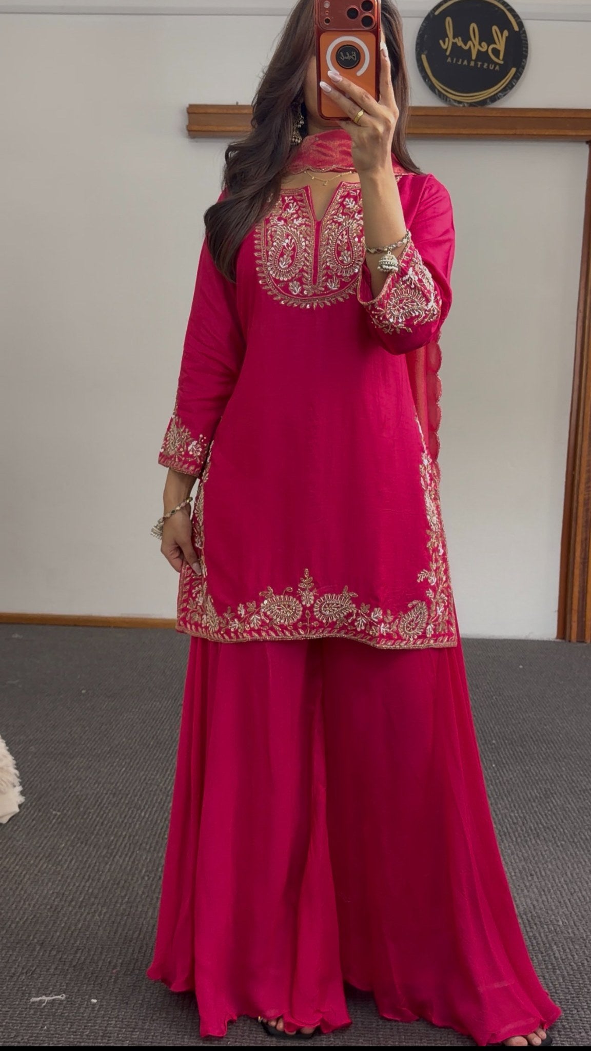 Fuchsia sharara palazzo suit set with gold zari embroidery on neckline, hem and cuffs, with matching dupatta — Behuli