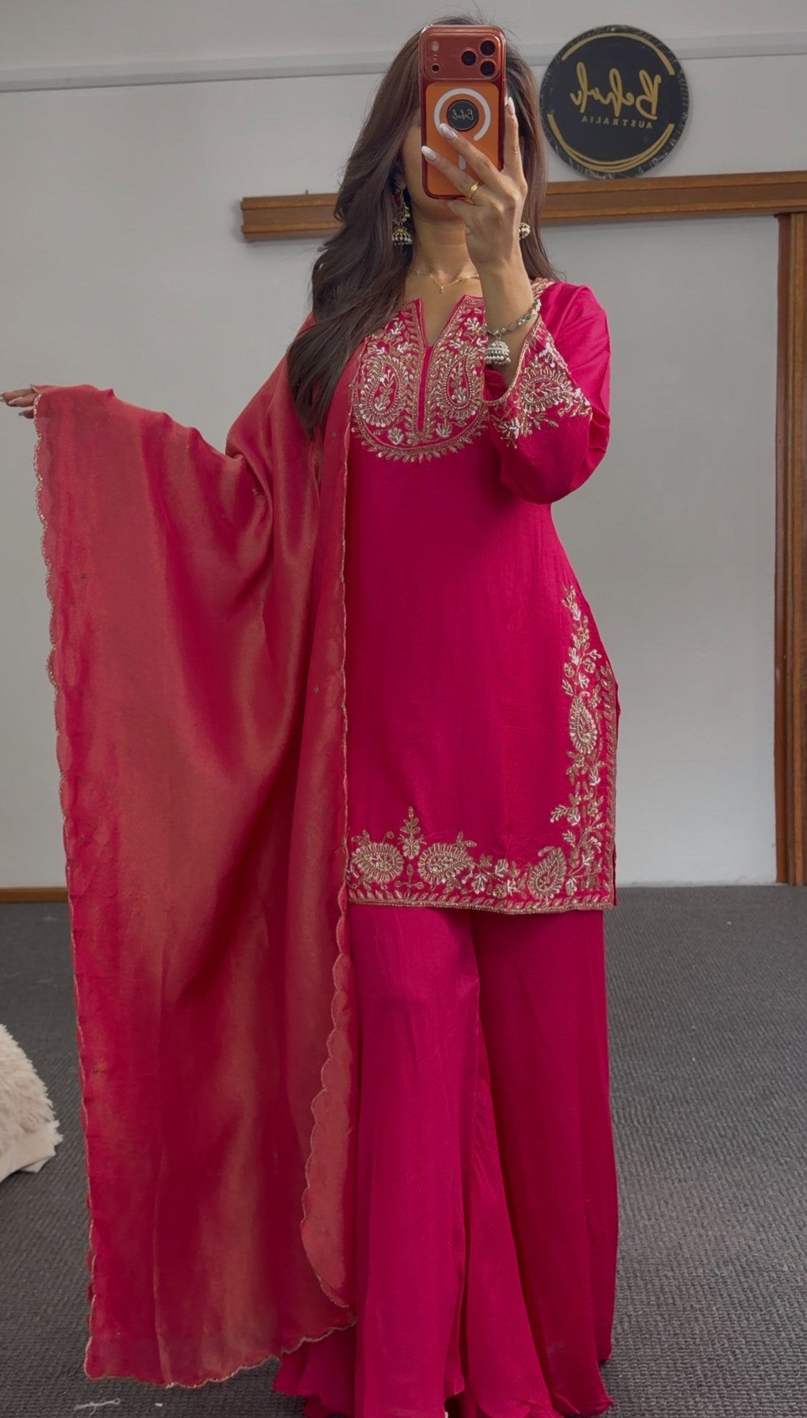 Fuchsia sharara palazzo suit set with gold zari embroidery on neckline, hem and cuffs, with matching dupatta — Behuli — view 2