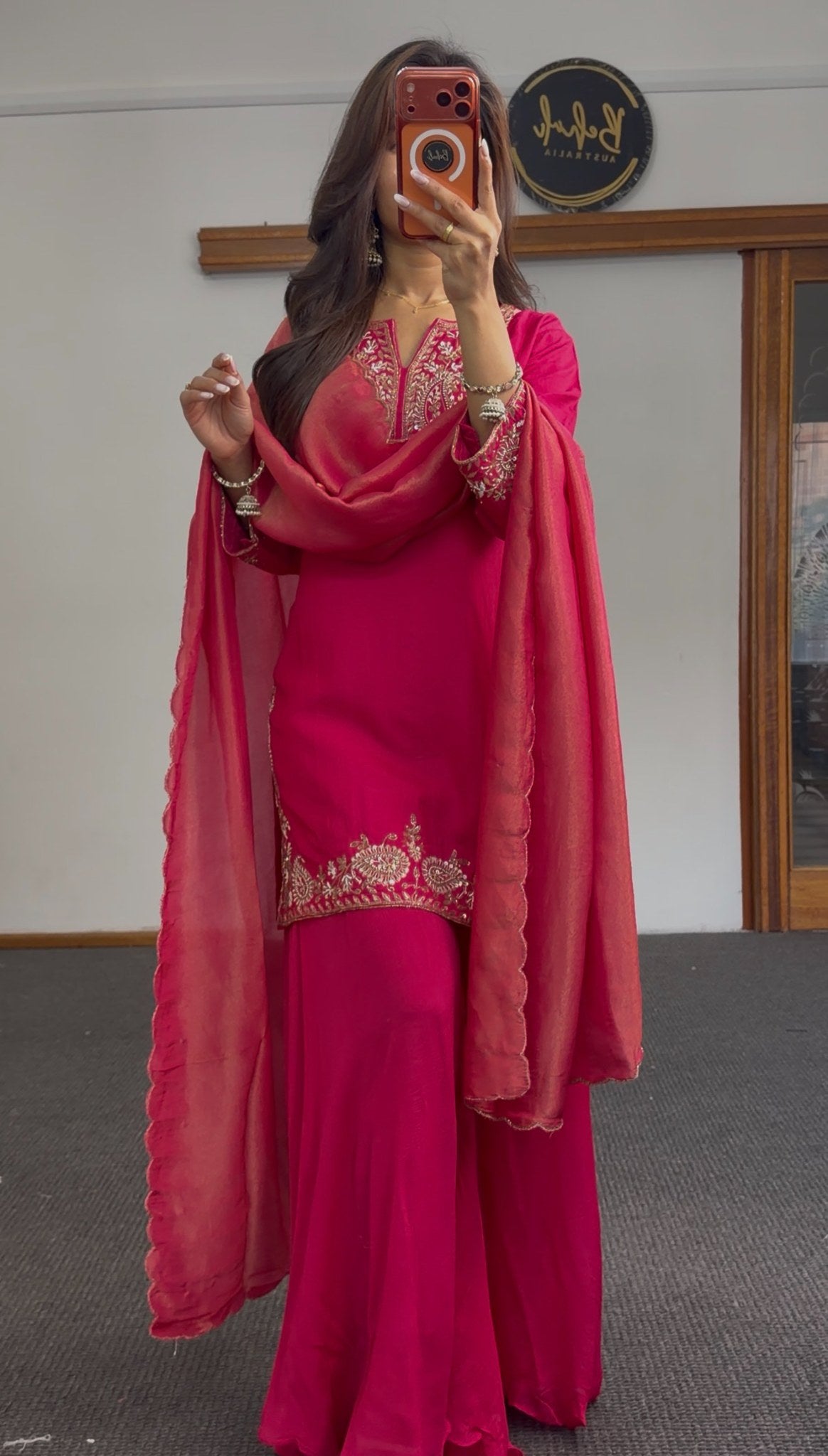 Fuchsia sharara palazzo suit set with gold zari embroidery on neckline, hem and cuffs, with matching dupatta — Behuli — view 3