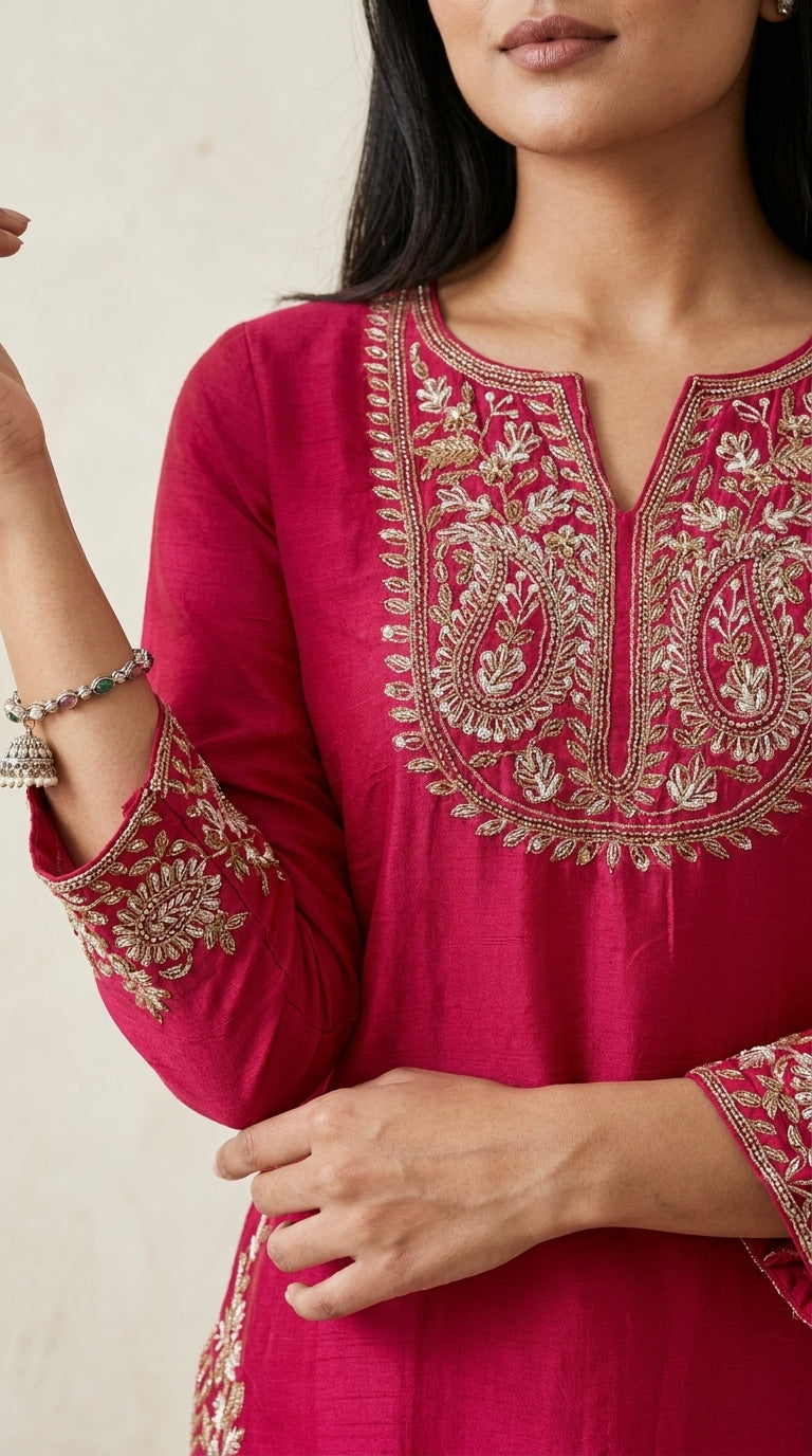 Fuchsia sharara palazzo suit set with gold zari embroidery on neckline, hem and cuffs, with matching dupatta — Behuli — view 4