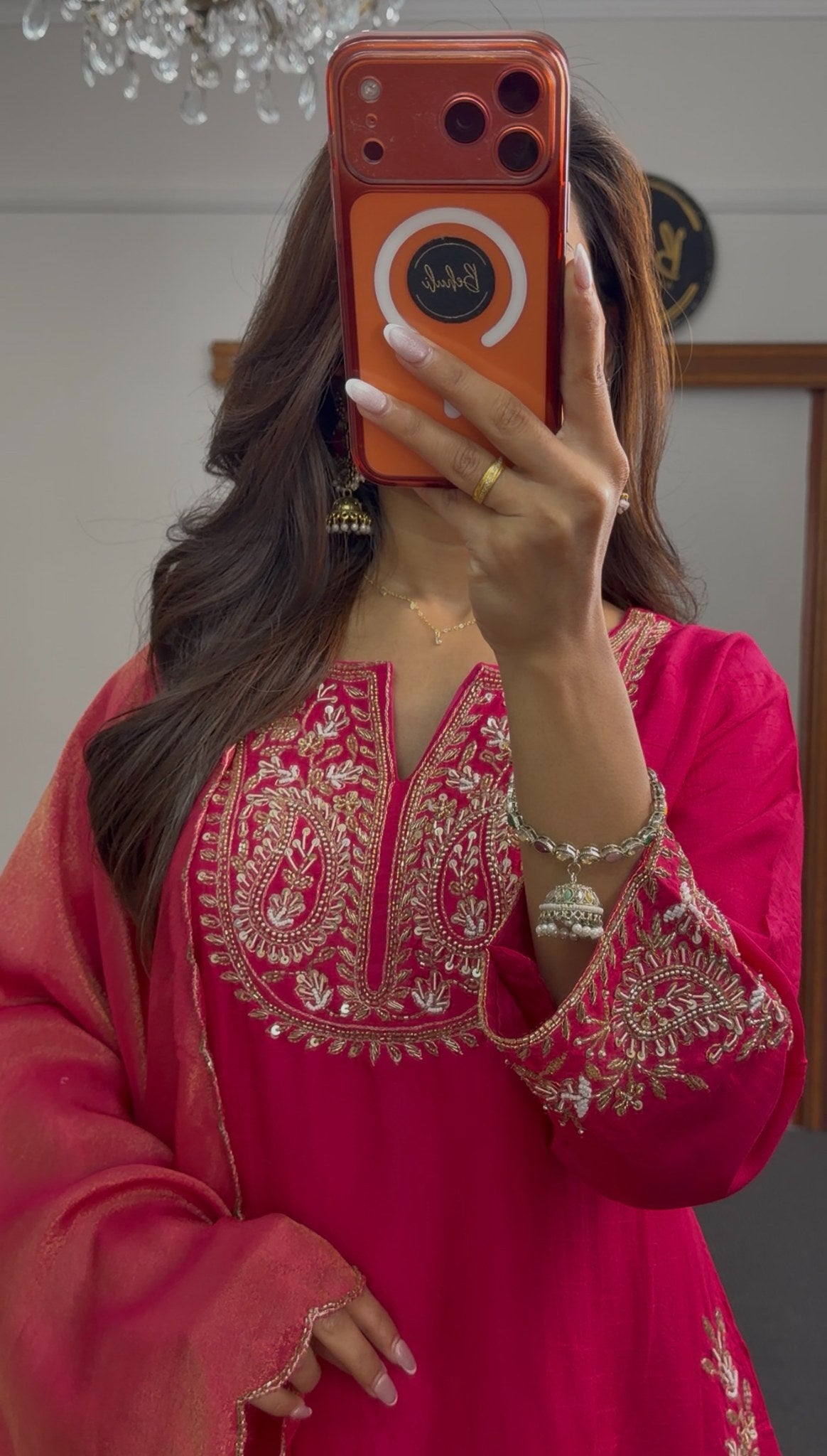 Fuchsia sharara palazzo suit set with gold zari embroidery on neckline, hem and cuffs, with matching dupatta — Behuli — view 5