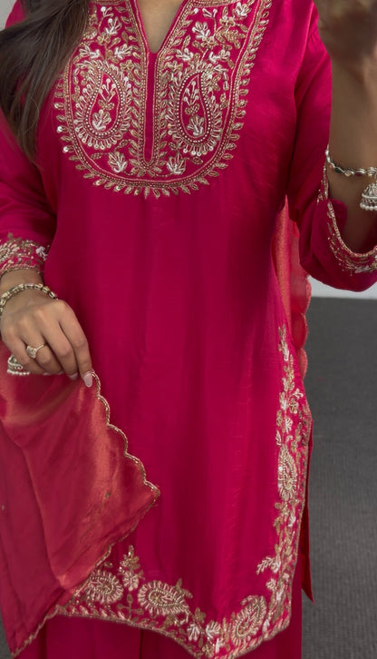 Fuchsia sharara palazzo suit set with gold zari embroidery on neckline, hem and cuffs, with matching dupatta — Behuli — view 6