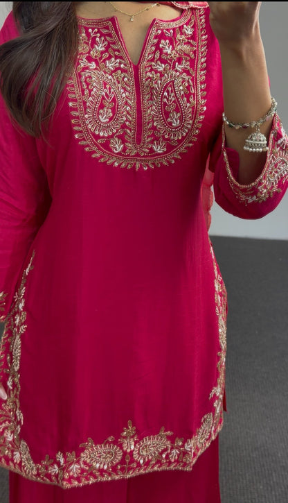 Fuchsia sharara palazzo suit set with gold zari embroidery on neckline, hem and cuffs, with matching dupatta — Behuli — view 7