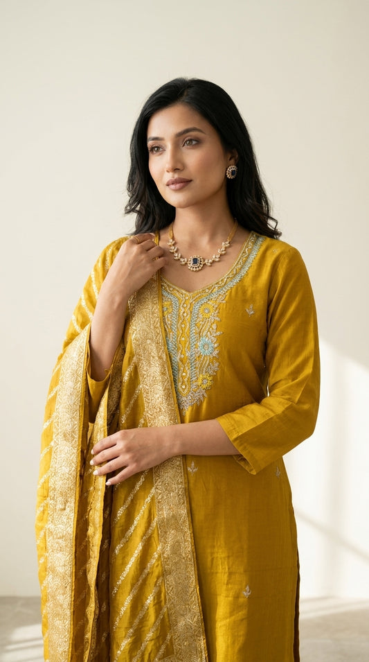 Mustard kurti set with teal and gold neckline embroidery and matching zari dupatta — Behuli Australia