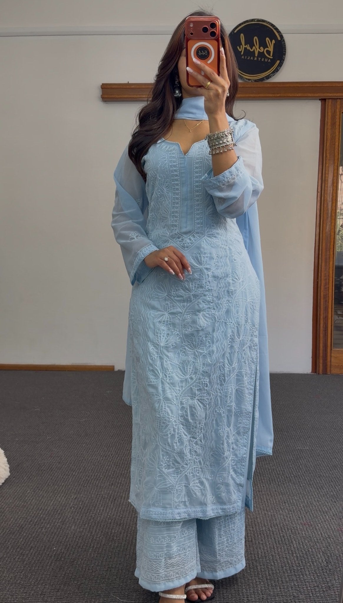 Sky blue palazzo kurti set with allover white floral embroidery, geometric yoke panel, matching dupatta and wide-leg pants — — view 3