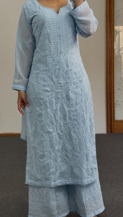Sky blue palazzo kurti set with allover white floral embroidery, geometric yoke panel, matching dupatta and wide-leg pants — — view 4