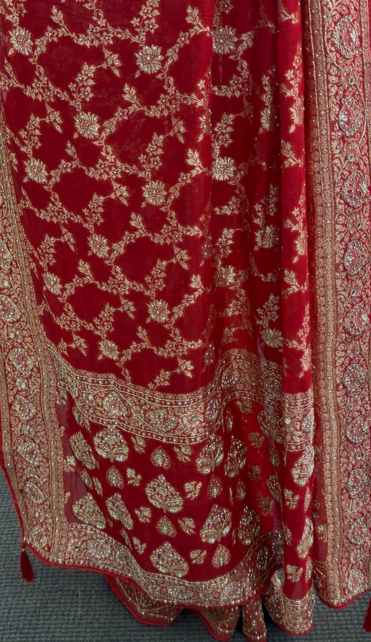 Red khaddi georgette saree with gold zari embroidery and floral border design worn with matching red blouse — view 4