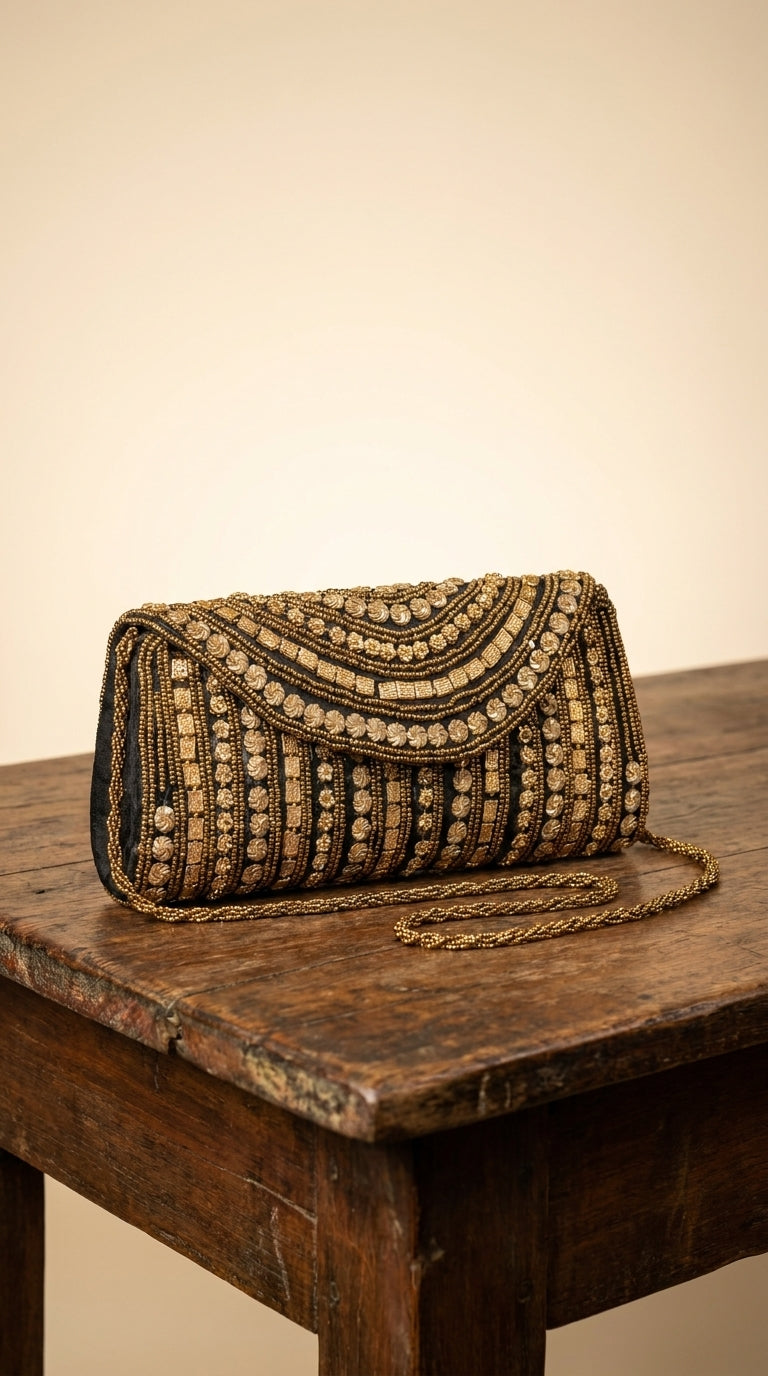 Black clutch bag with gold beadwork and sequin detailing, featuring a beaded chain strap, displayed on wooden table