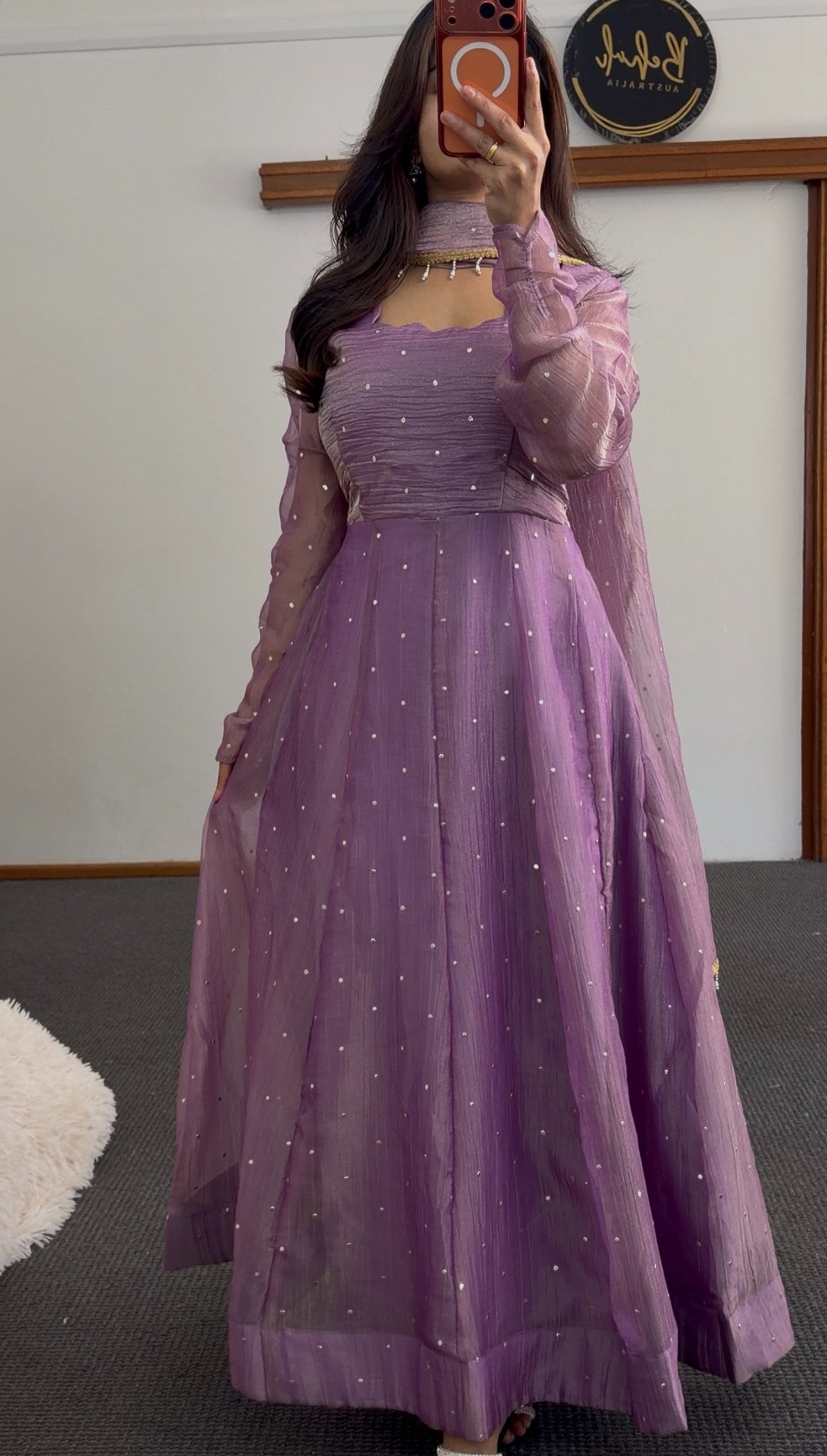 Lavender Anarkali dress with scattered sequin embellishment and sheer gold-bordered dupatta — Behuli Australia — view 2