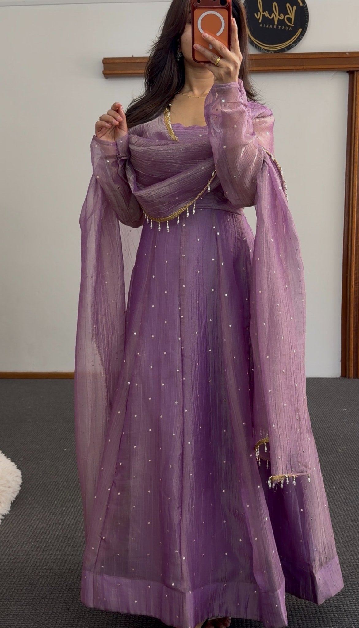 Lavender Anarkali dress with scattered sequin embellishment and sheer gold-bordered dupatta — Behuli Australia — view 3