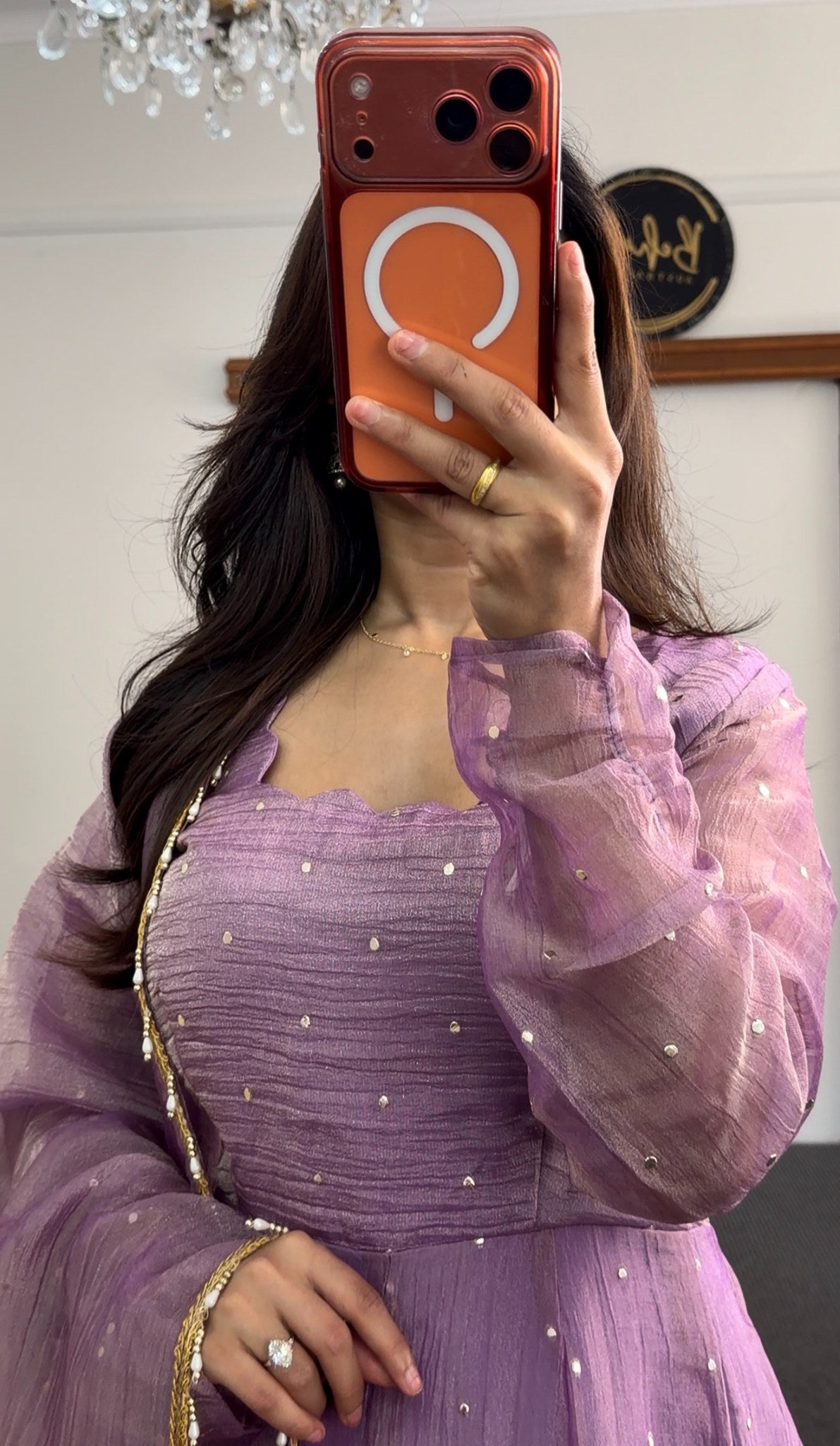 Lavender Anarkali dress with scattered sequin embellishment and sheer gold-bordered dupatta — Behuli Australia — view 4