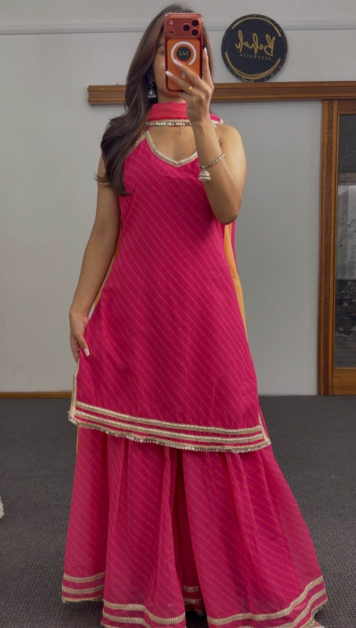 Fuchsia sharara set with gold zari hem trim, diagonal stripe pattern and mustard-fuchsia dupatta — Behuli Australia — view 3