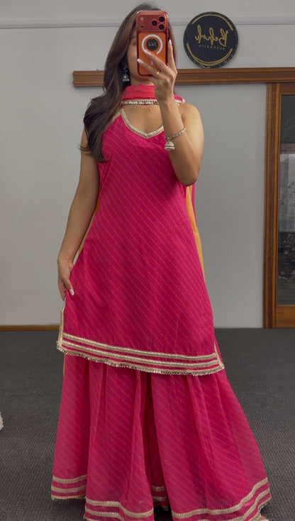 Fuchsia sharara set with gold zari hem trim, diagonal stripe pattern and mustard-fuchsia dupatta — Behuli Australia — view 3