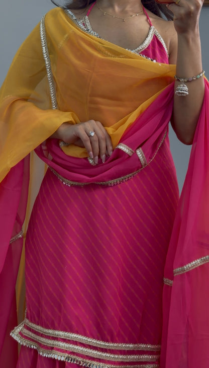Fuchsia sharara set with gold zari hem trim, diagonal stripe pattern and mustard-fuchsia dupatta — Behuli Australia — view 4