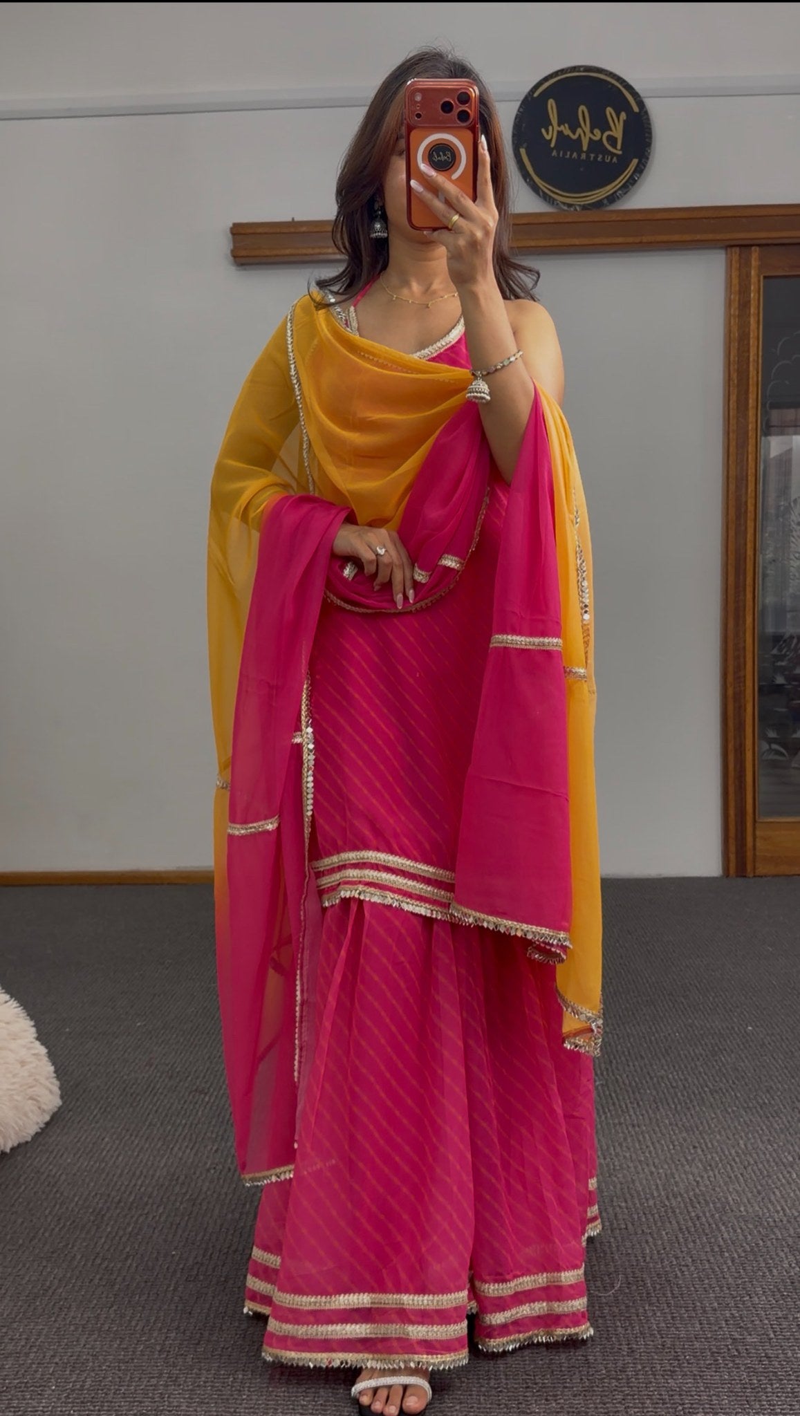Fuchsia sharara set with gold zari hem trim, diagonal stripe pattern and mustard-fuchsia dupatta — Behuli Australia — view 5