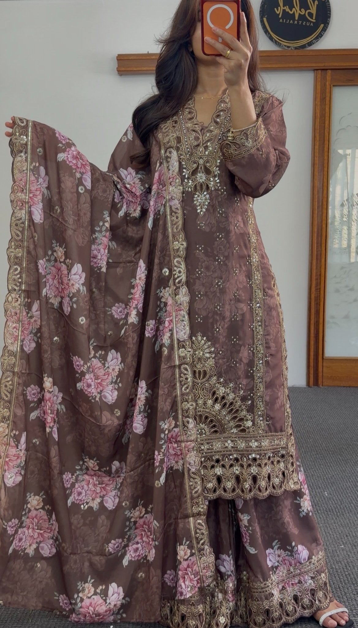 Mauve brown kurti set with gold zari embroidery, sequin detailing and floral printed dupatta — Behuli Australia