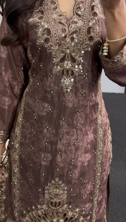 Mauve brown kurti set with gold zari embroidery, sequin detailing and floral printed dupatta — Behuli Australia — view 2