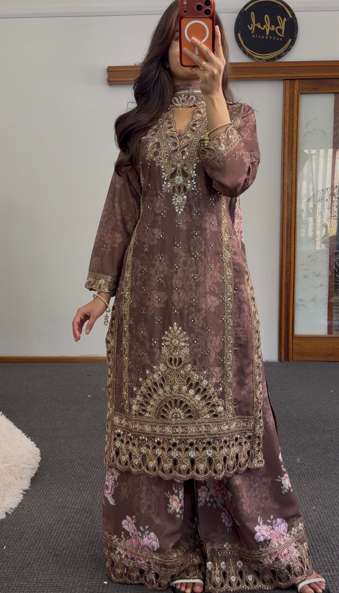 Mauve brown kurti set with gold zari embroidery, sequin detailing and floral printed dupatta — Behuli Australia — view 3