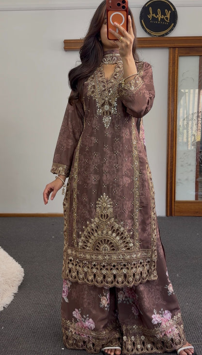 Mauve brown kurti set with gold zari embroidery, sequin detailing and floral printed dupatta — Behuli Australia — view 3